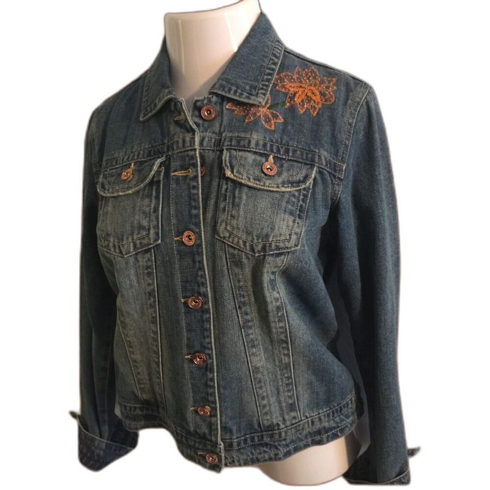 Vintage Distressed Embellished Medium Washed Denim Jean Jacket  L Dept of Peace